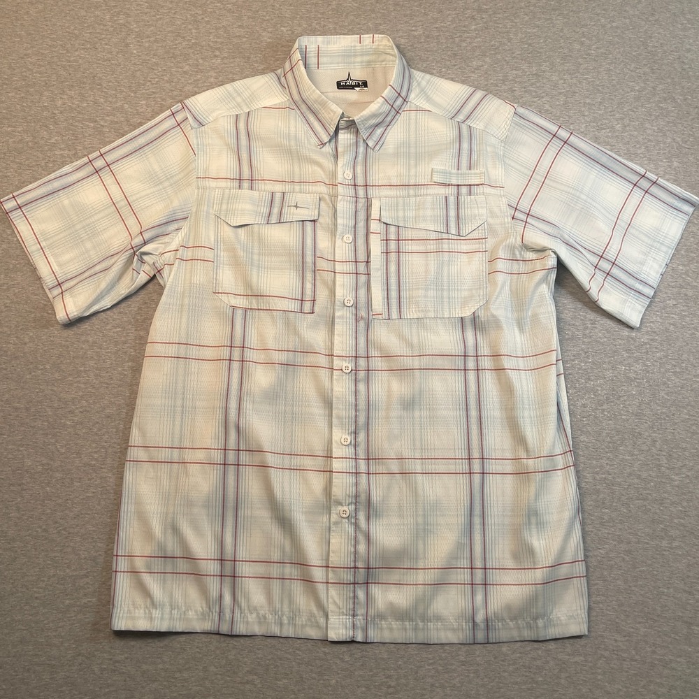Habit Fishing Shirt Mens Large L White Blue Plaid Vented Short Sleeve Button Up